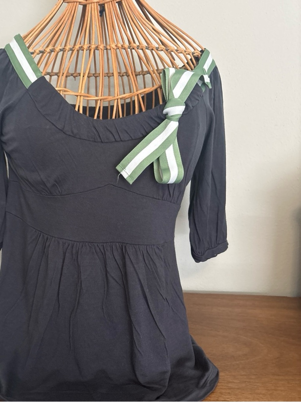 Anthropologie Women’s Black Scoop Neck Top with Green Striped Tie-Strap